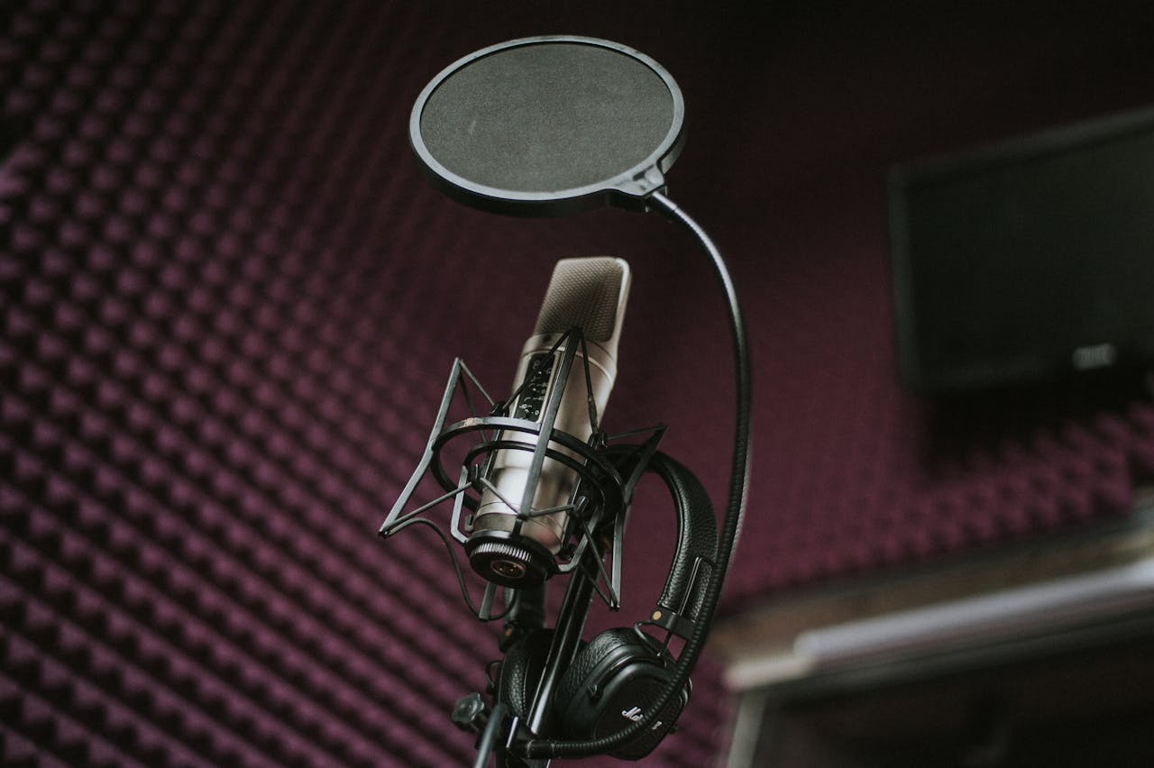 Services High-quality microphone and pop filter setup in a soundproof music studio.